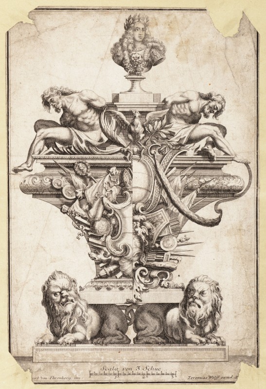 Ornamentprent. Monument met wapentrofee en buste.