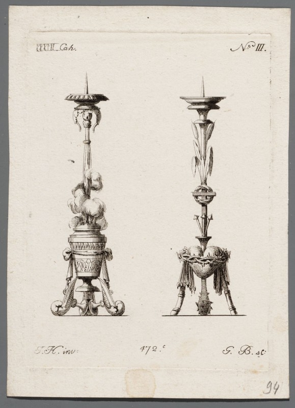 Ornamentprent. Nouveaux Desseins de Differens Ornemens de Meubles. Chandeliers d'eglise.