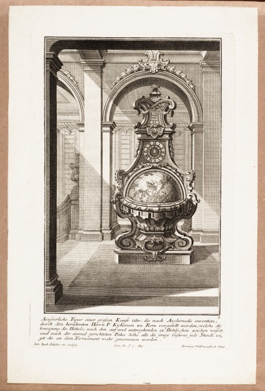 Ornamentprent. Aeusserliche Figur einer grossen Kunst Uhr.