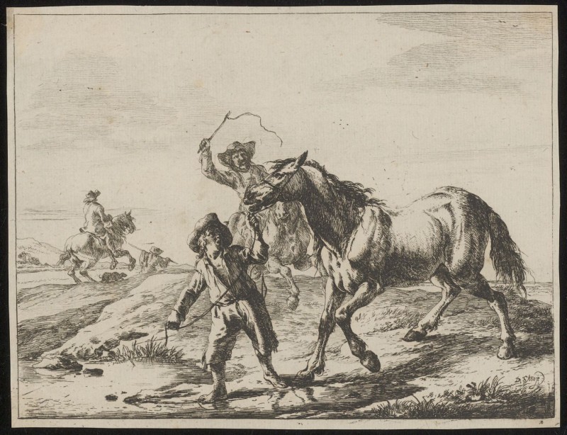 Een jongen leidt een paard naar het water