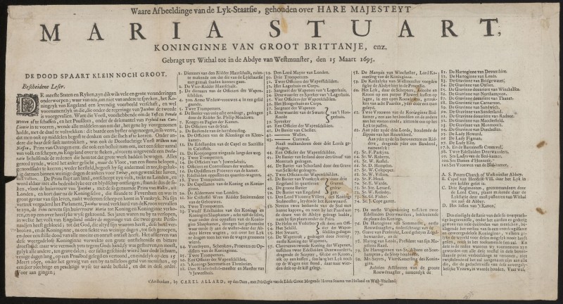 Prenten van de lijkstoet van Maria II Stuart, koningin van Engeland