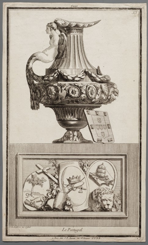 Ornamentprent. Nouvelle Iconologie Historique. Vases en travers et cartouches, le Portugal.