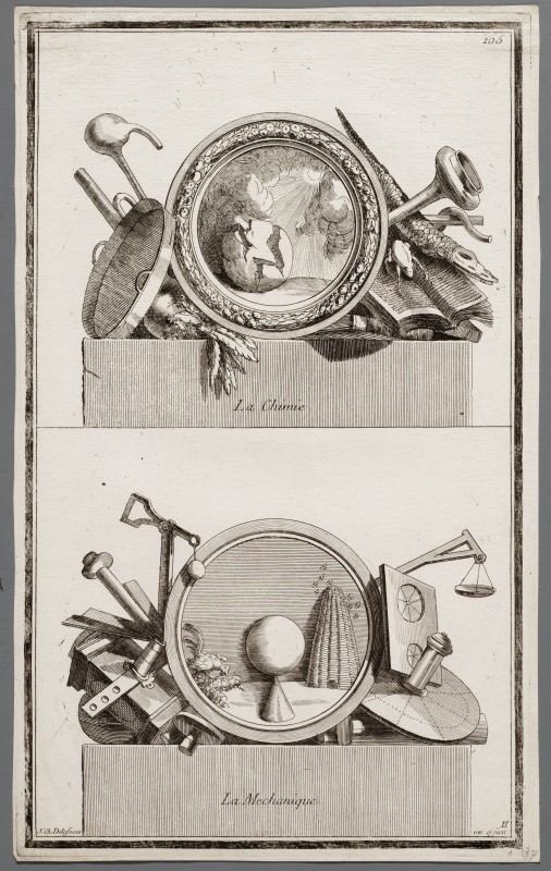 Ornamentprent. Nouvelle Iconologie Historique. Médaillons ronds, la Chimie / la Mechanique.