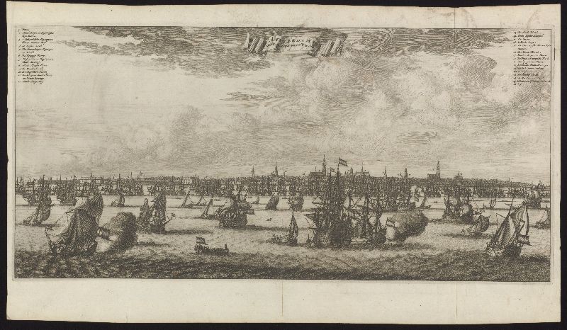 Kopergravure. Gezicht op Amsterdam vanaf het IJ.