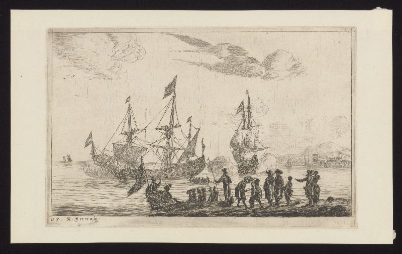Reinier Nooms 'Zeeman' - Kopergravure. Zeegezicht met driemasters.