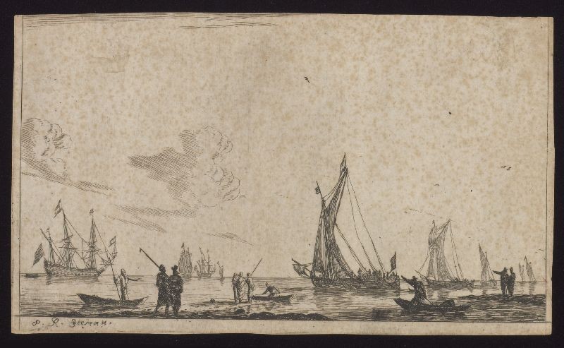 Reinier Nooms 'Zeeman' - Kopergravure. Zeegezicht met beurtschip.