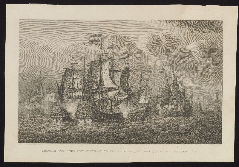 Kopergravure. Slag tussen de admiraals Tromp en Blake bij Dover op 10 december 1652.