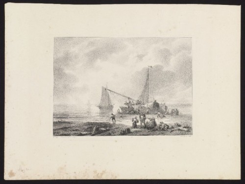 Lithografie: Schip op het strand  naar C.L.W. Dreibholtz.