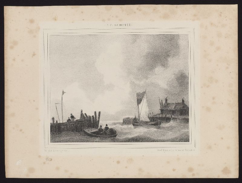 Lithografie: Een schip verlaat de haven naar J.C. Schotel.