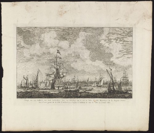 Kopergravure. Het schip De Gouden Leeuw voor Amsterdam naar W. van de Velde