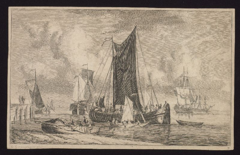 Gerrit Groenewegen - Kopergravure. Zeegezicht met beurtschip.