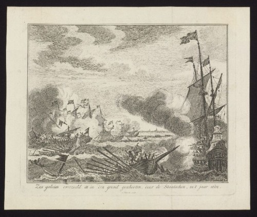 Kopergravure. Zeeslag met zes galeien in 1602