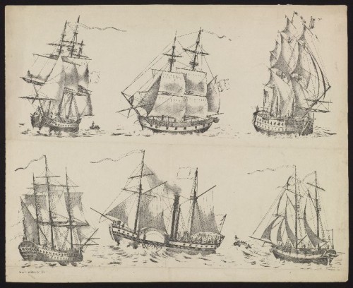 Centsprent. Lithografie met zes afbeeldingen van schepen waaronder een stoomschip.