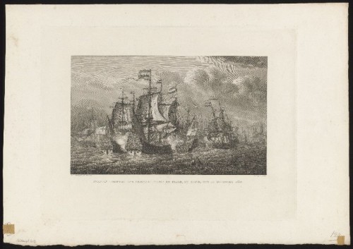Kopergravure. Slag tussen de admiraals Tromp en Blake bij Dover op 10 december 1652.