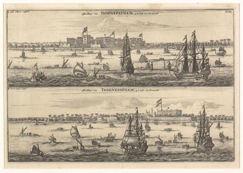 Kopergravure. Twee gezichten op Tegenepatnam op de kust van Coromandel.
