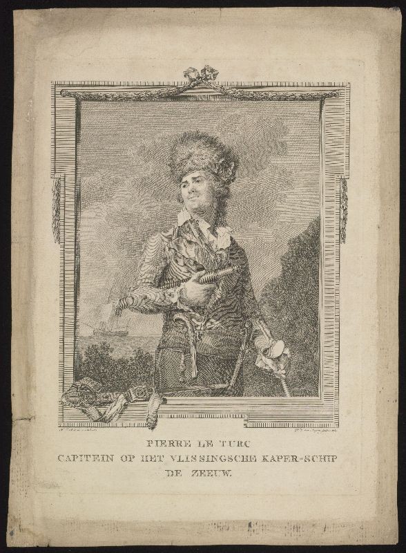 Kopergravure. Portret van Pierre le Turc, kapitein van het kaperschip De Zeeuw.