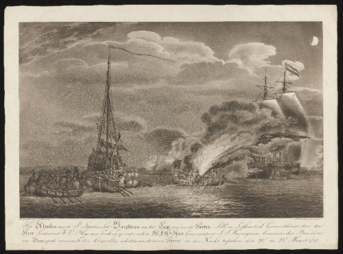 Kopergravure. De verovering van de Franse brik Ste. Lucie en een Frans jacht door Nederlandse sloepen in 1793