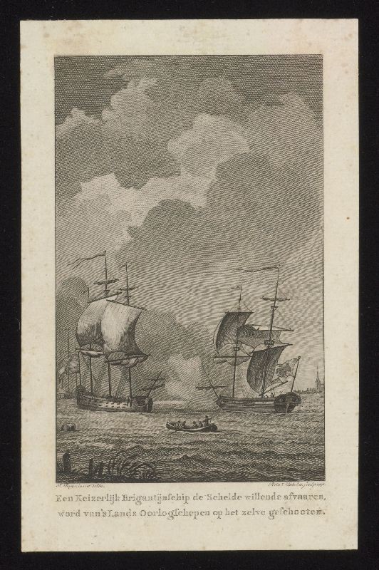 Kopergravure. Zeegevecht op de Schelde.