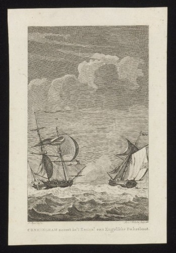 Kopergravure. Het innemen van een pakketboot door Cunningham.