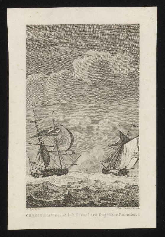Kopergravure. Het innemen van een pakketboot door Cunningham.