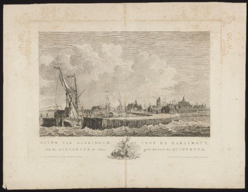 Kopergravure. Harlingen vanuit de Zuiderzee te zien.
