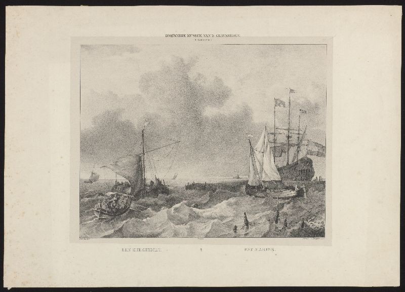 Lithografie. Zeegezicht met vrachtschepen en driemaster.