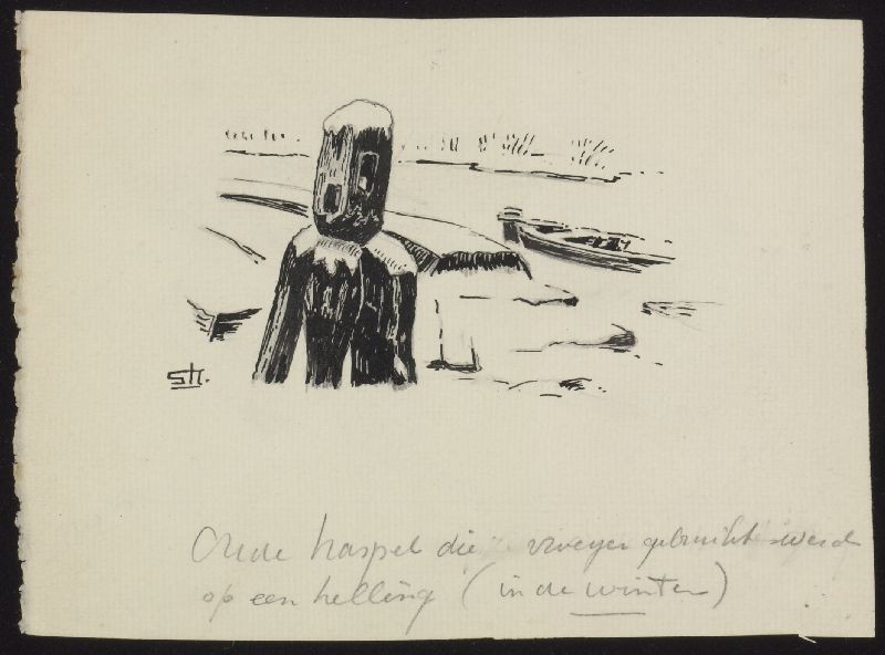 Pentekening, Oude kaapstander op een scheepshelling in de winter.