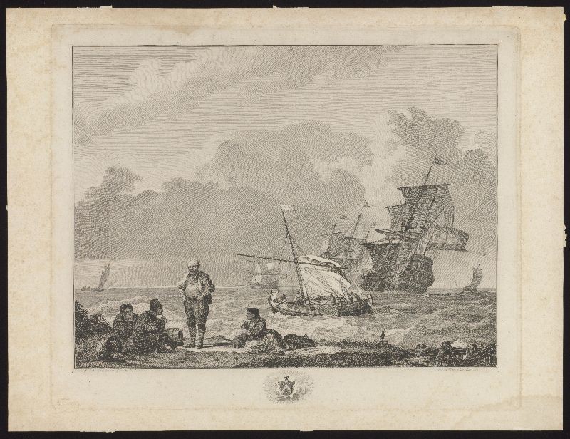 Kopergravure. Schepen op woelig water nabij Amsterdam.