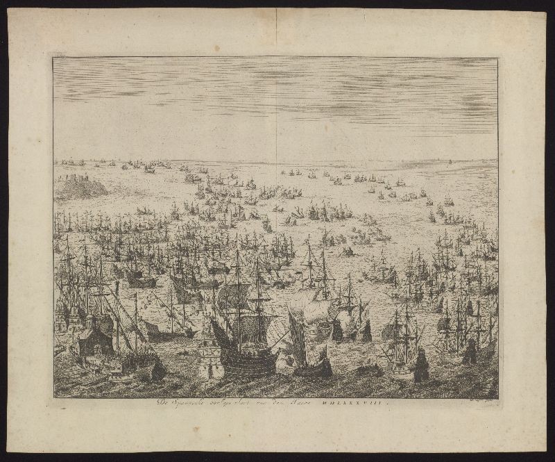 Kopergravure. Gevecht met de Spaanse Armada in 1588.