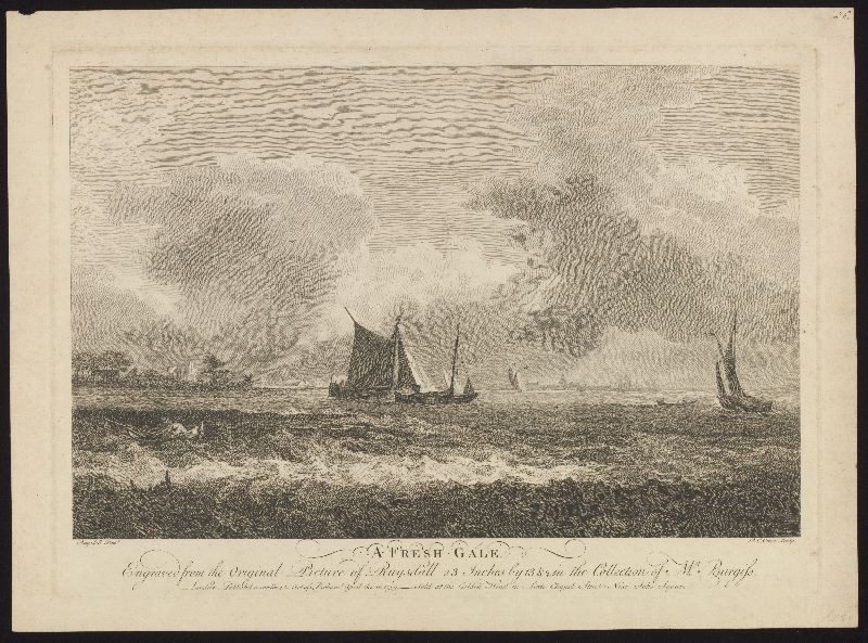 Kopergravure. 'A Fresh Gale': schepen op ruw water.