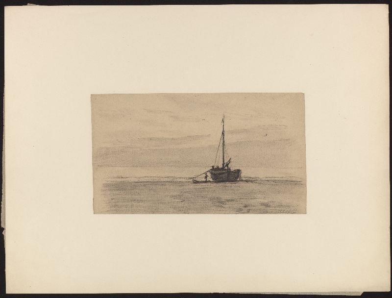 Houtskooltekening van een drooggevallen schip.