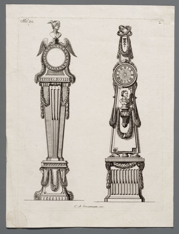 Ornamentprent. Monument en uurwerk.