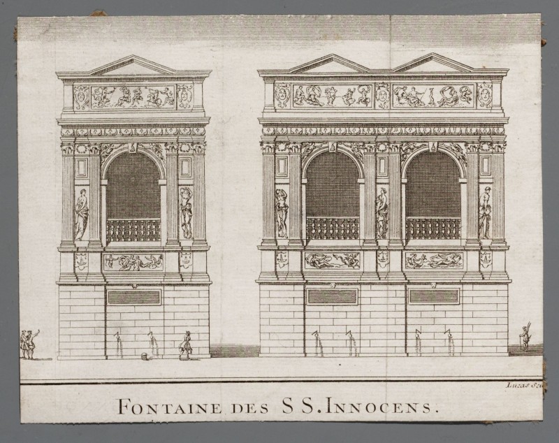 Ornamentprent. Description de Paris. Fontaine des SS. Innocens.