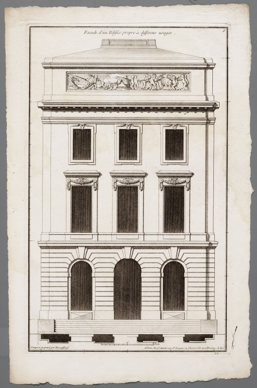 Ornamentprent. Deßeins d’Architecture pour l’ordonnance des Façades d’Edifices publics et Souverains. Façade d’un Edifice propre à differens usages.