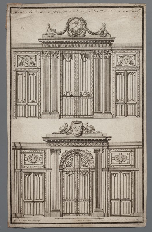 Ornamentprent. Modéles de Portes en serrureries à l'usages des Places, Cours et Jardins. Titelblad.