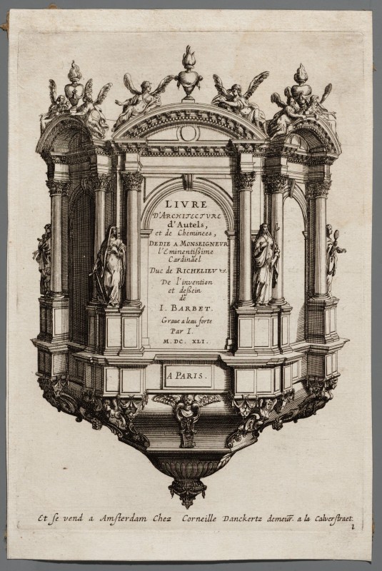 Ornamentprent. Livre d'architecture d'Autels et de Cheminees. Titelblad (kopie).