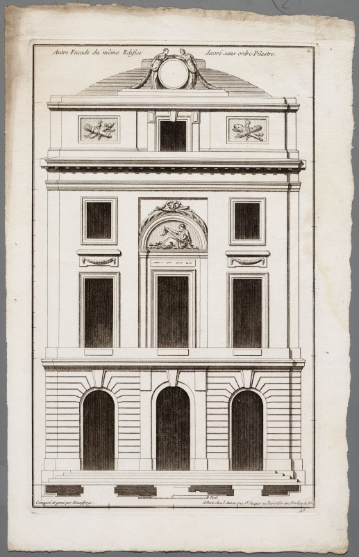 Ornamentprent. Deßeins d’Architecture pour l’ordonnance des Façades d’Edifices publics et Souverains. Autre Façade du même Edifice decoré sans ordre Pilastre.