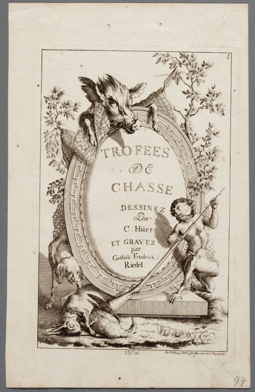 Ornamentprent. Trofees De Chasse (kopie). Titelblad.