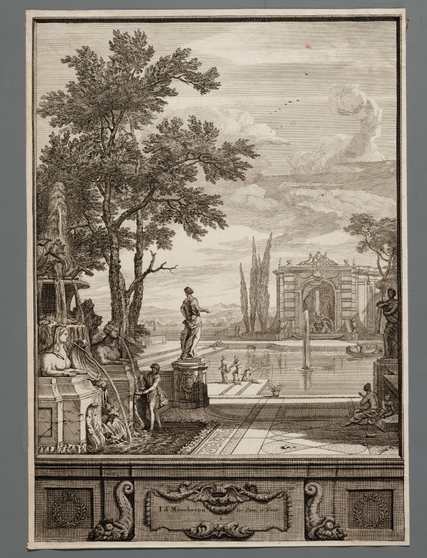 Ornamentprent. Zaal- stucken in’ t huys van de Hr. D. B. Mezquita.  Tuin met waterpartij en fonteinen.
