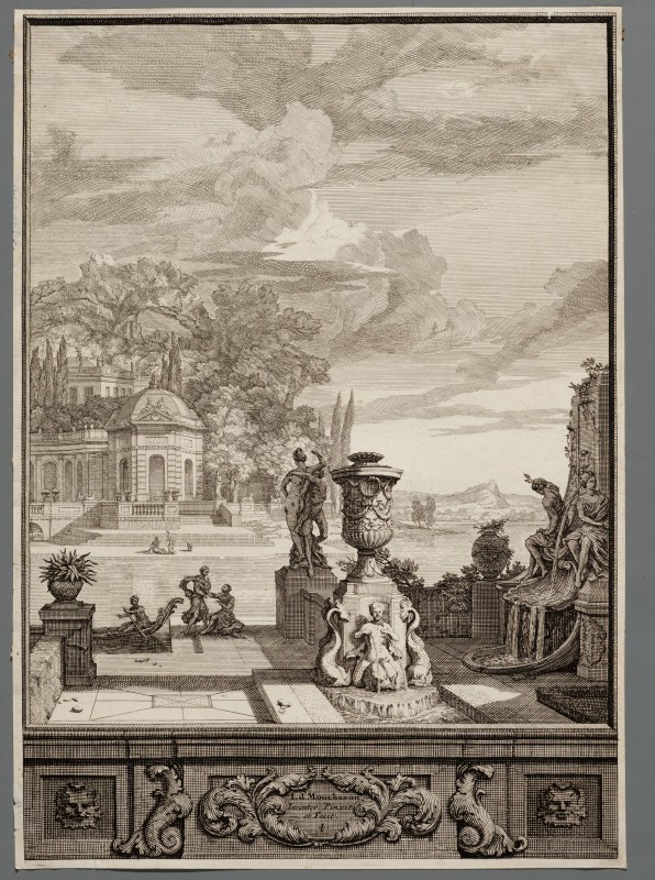 Ornamentprent. Zaal- stucken in’ t huys van de Hr. D. B. Mezquita.  Landschap met antieke sculpturen en vazen.