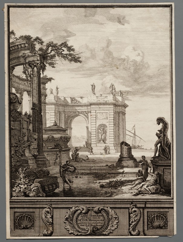 Ornamentprent. Zaal- stucken in’ t huys van de Hr. D. B. Mezquita. Titelblad.