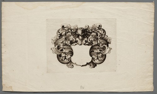 Ornamentprent. Heraldische cartouche / wapenschilden.