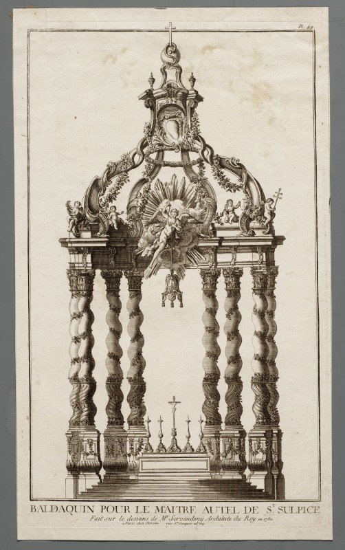 Ornamentprent. Livre nouveau ou règles des cinq ordres d'architecture. Baldaquin pour le maitre autel de St. Sulpice.