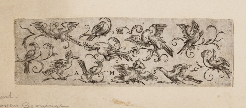 Ornamentprent. Fries met vogels en andere dieren.