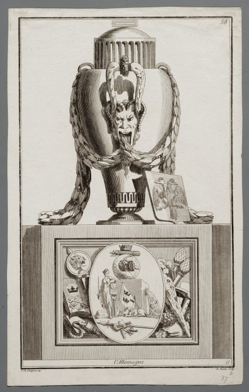 Ornamentprent. Nouvelle Iconologie Historique. Vases en travers et cartouches, l'Allemagne.