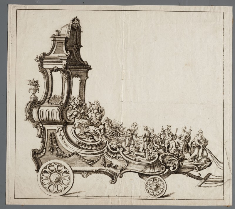 Ornamentprent. Triomfwagen voor het duizendjarige jubilileum van de heilige Rumoldus van Mechelen.