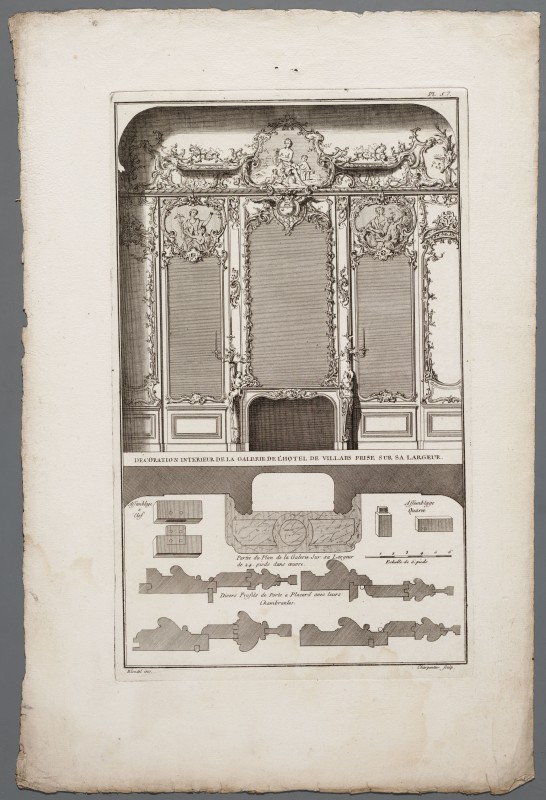 Ornamentprent. Livre nouveau ou règles des cinq ordres d'architecture. Décoration interieur de la Galerie de l'Hôtel de Villars.