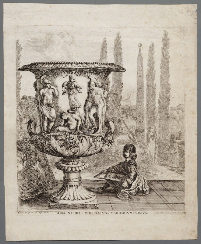 Ornamentprent. Marmeren vaas in de tuin van de Villa Medici te Rome (kopie).