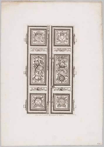 Ornamentprent. Ornemens de peinture et de sculpture, qui sont dans la Galerie d’Apollon, au Chasteau du Louvre, et dans le grand Appartement du Roy, au palais des Tuilleries. Porte, dans le grand Appartement des Tuileries (heruitgave?).