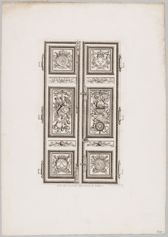 Ornamentprent. Ornemens de peinture et de sculpture, qui sont dans la Galerie d’Apollon, au Chasteau du Louvre, et dans le grand Appartement du Roy, au palais des Tuilleries. Porte, dans le grand Appartement des Tuileries (heruitgave?).